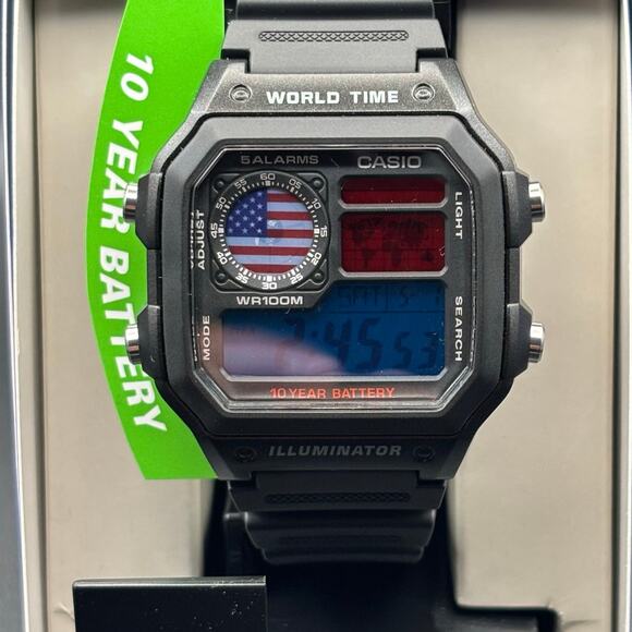 Custom Casio AE1200WH-1A “Royal America” Red & Blue Gel Filter U.S. Flag, Black - Picture 3 of 15